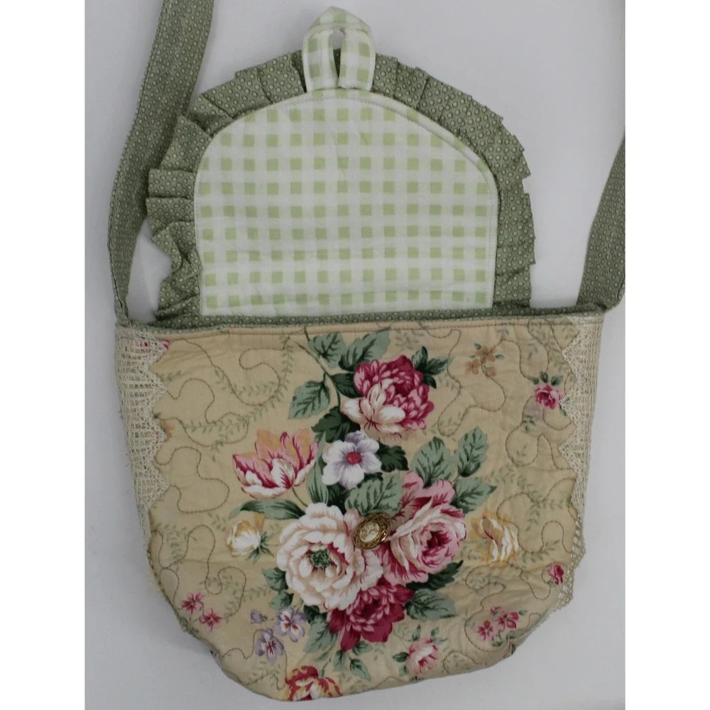 Vintage Handmade Quilted Floral Crossbody Bag Cottagecore Lace Ruffle Gingham